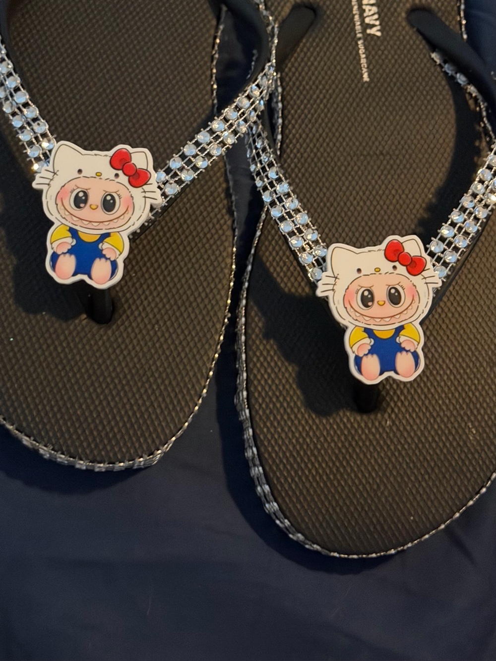 Hello Kitty Charm Black Rhinestone Flip Flop Sandals